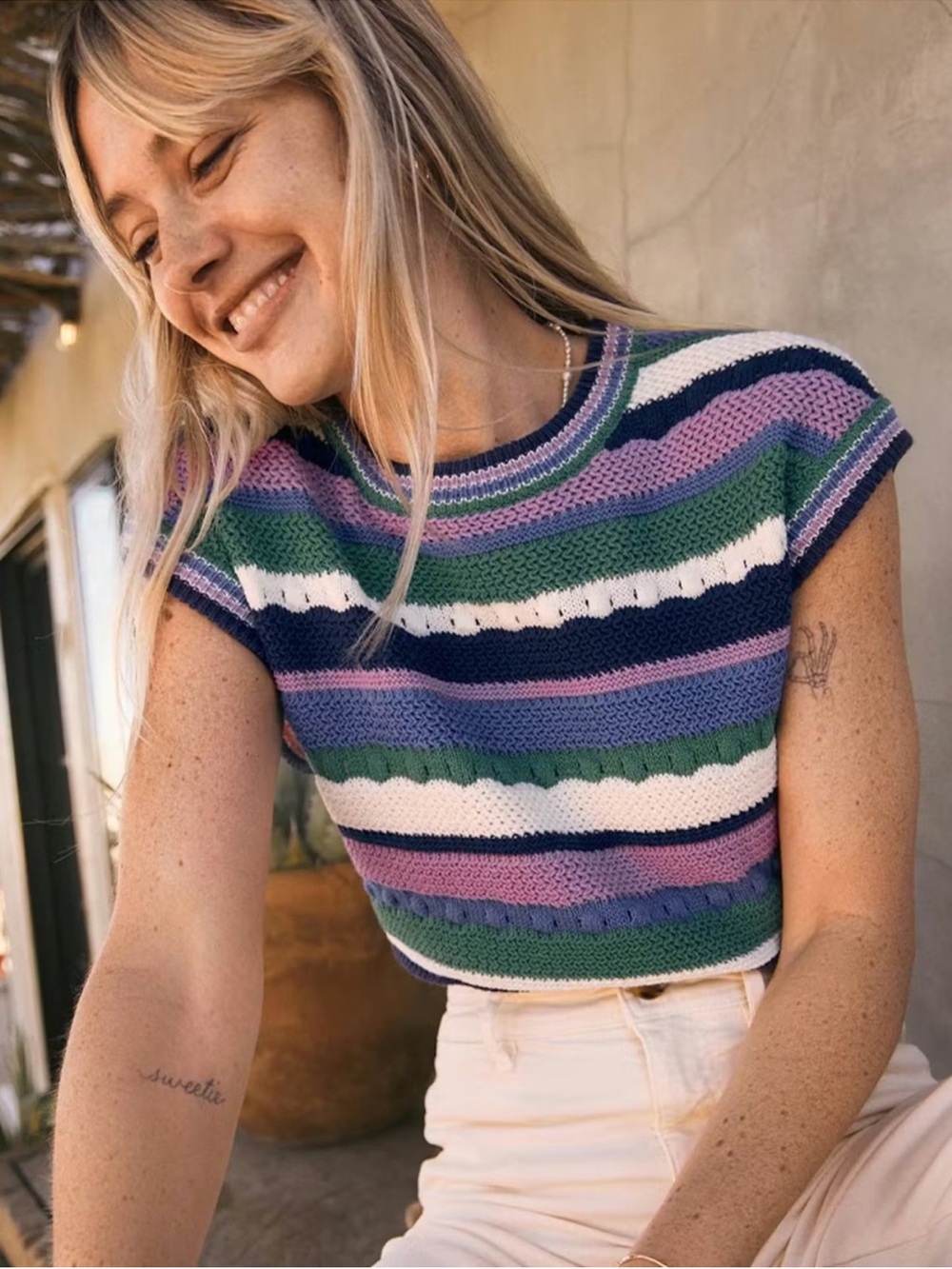 Marine Layer Rory Striped Crochet Sweater Vest Top